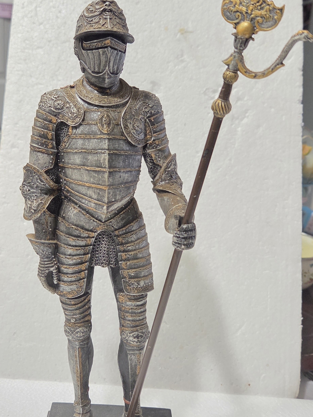 Decorative Medieval Knight Statue in Aged Silver and Gold Finish